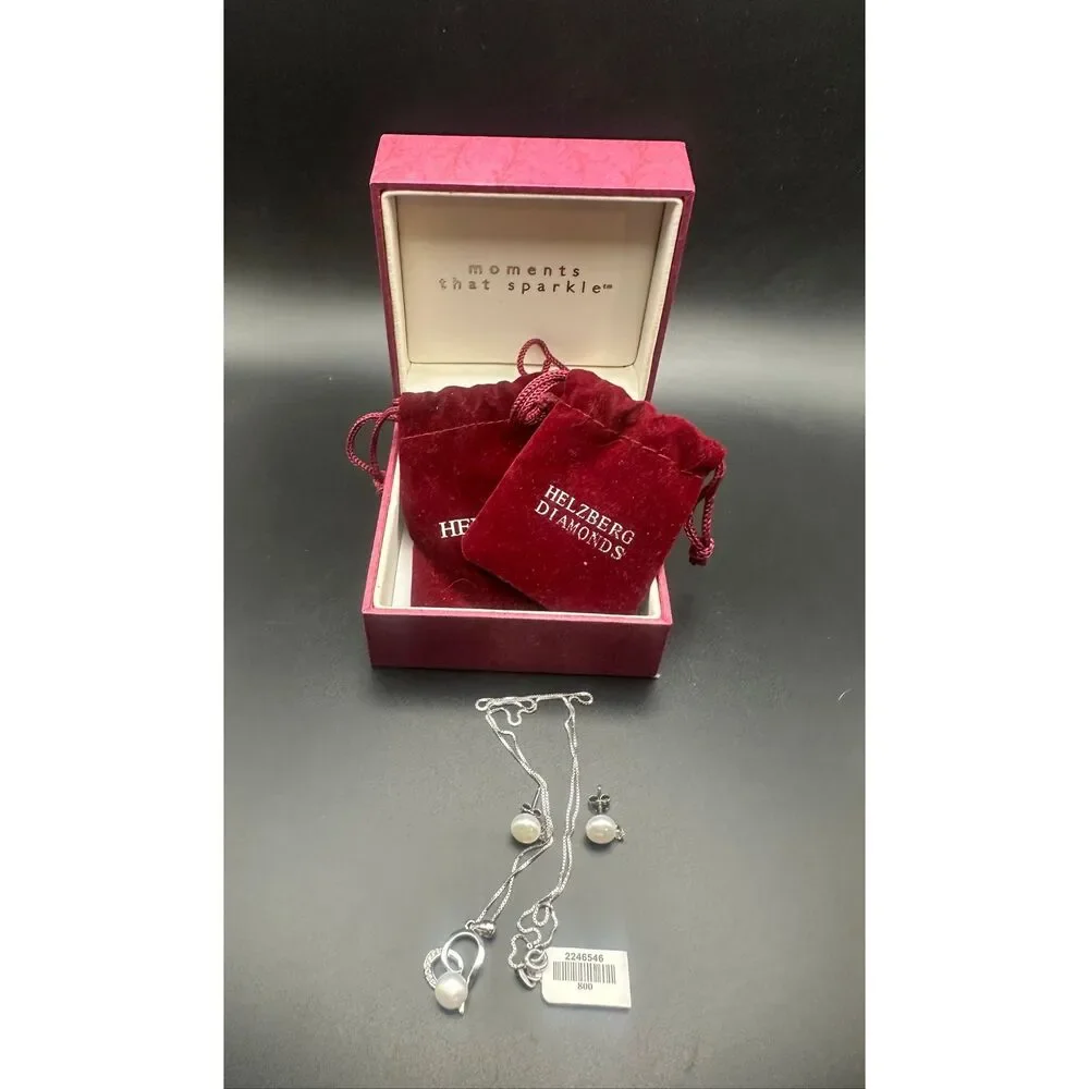 HELZBERG CHAIN HEART PENDANT Cz DIAMONDS & FRESHWATER CULTURED PEARL 925 STERLIN